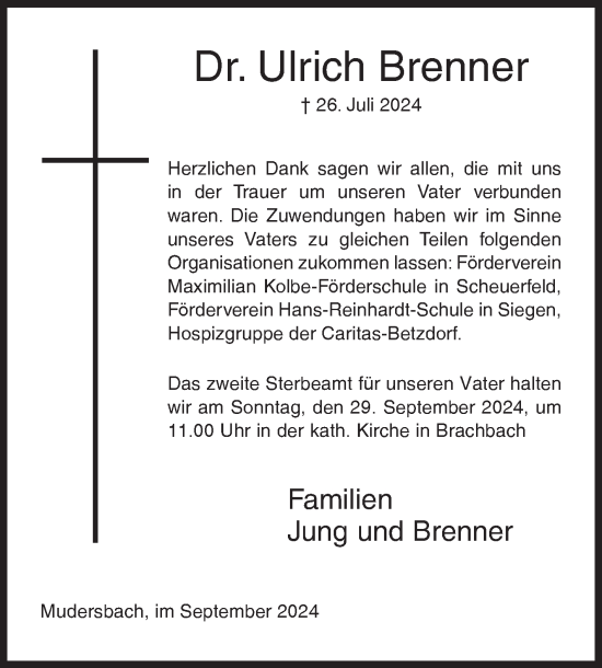Traueranzeige von Ulrich Brenner von Siegener Zeitung
