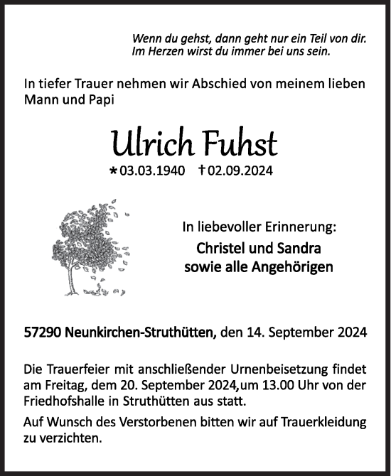 Traueranzeige von Ulrich Fuhst von Siegener Zeitung