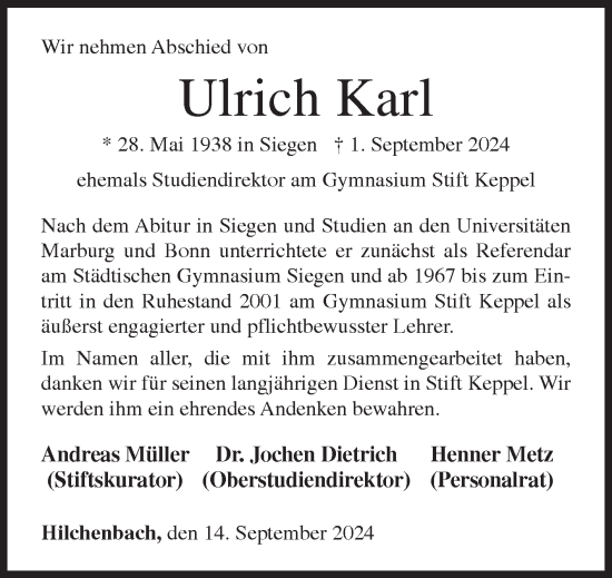 Traueranzeige von Ulrich Karl von Siegener Zeitung