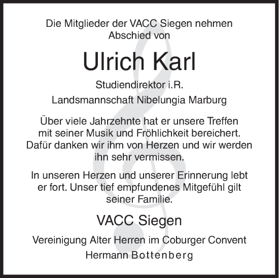 Traueranzeige von Ulrich Karl von Siegener Zeitung