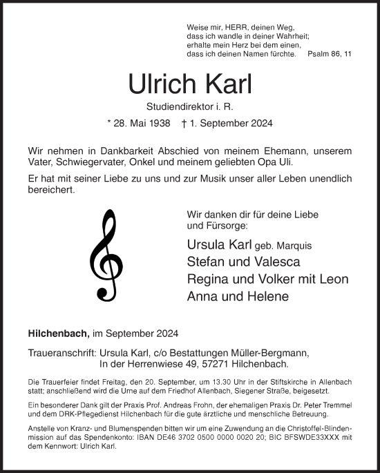 Traueranzeige von Ulrich Karl von Siegener Zeitung