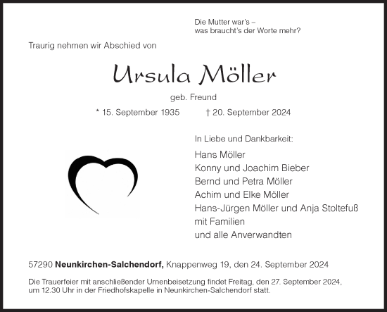 Traueranzeige von Ursula Möller von Siegener Zeitung