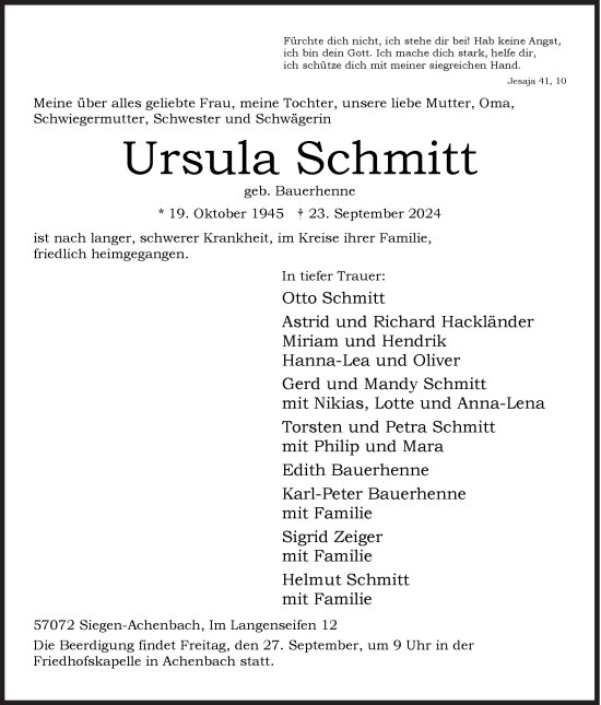 Traueranzeige von Ursula Schmitt von Siegener Zeitung