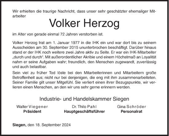 Traueranzeige von Volker Herzog von Siegener Zeitung