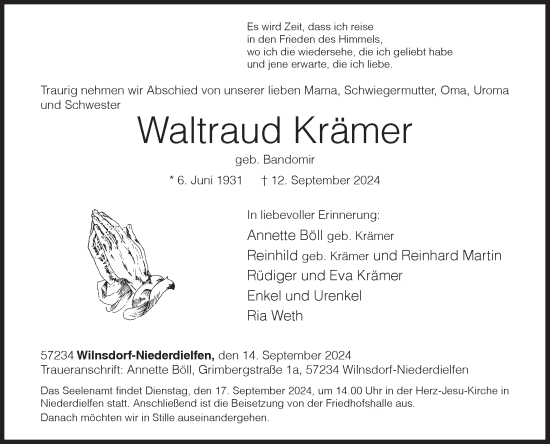 Traueranzeige von Waltraud Krämer von Siegener Zeitung