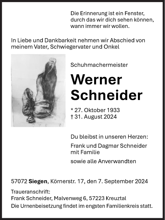 Traueranzeige von Werner Schneider von Siegener Zeitung