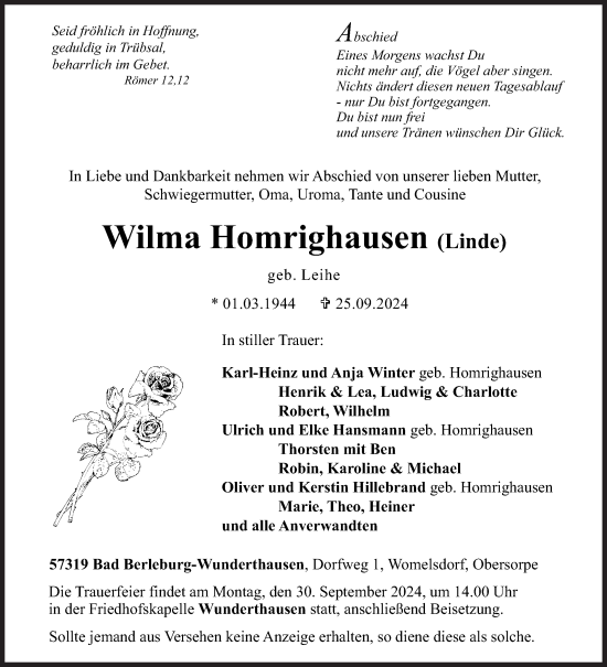 Traueranzeige von Wilma Homrighausen von Siegener Zeitung