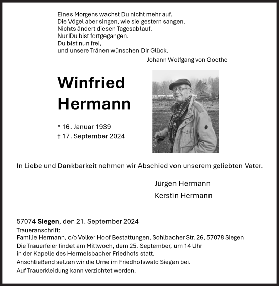 Traueranzeige von Winfried Hermann von Siegener Zeitung