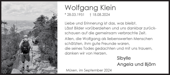 Traueranzeige von Wolfgang Klein von Siegener Zeitung