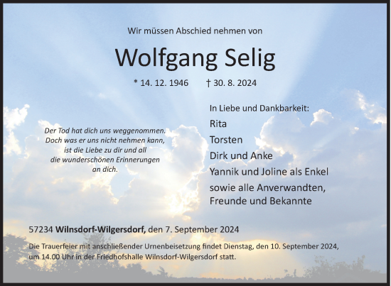Traueranzeige von Wolfgang Selig von Siegener Zeitung