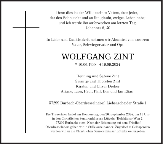 Traueranzeige von Wolfgang Zint von Siegener Zeitung