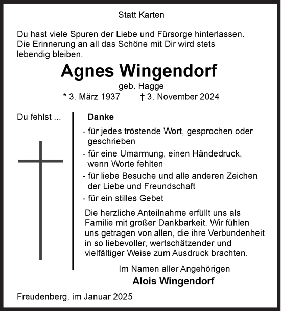 Traueranzeige von Agnes Wingendorf von Siegener Zeitung