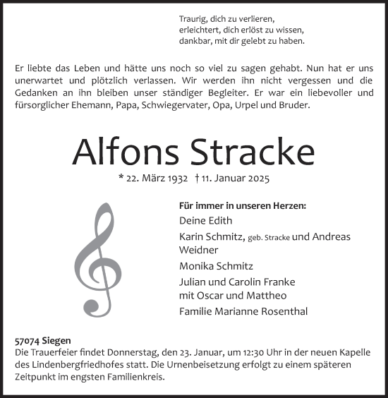 Traueranzeige von Alfons Stracke von Siegener Zeitung
