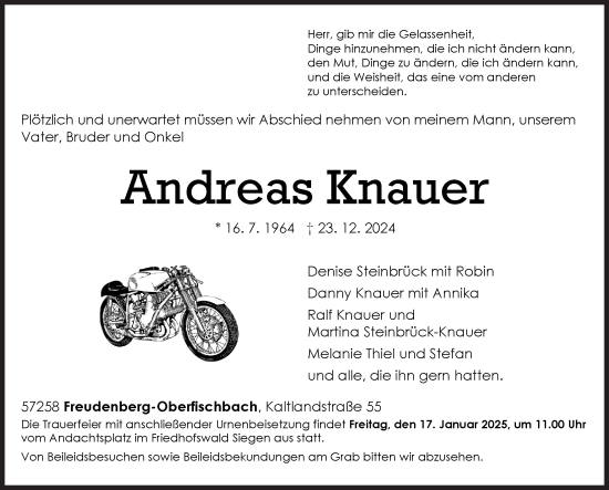 Traueranzeige von Andreas Knauer von Siegener Zeitung