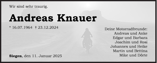Traueranzeige von Andreas Knauer von Siegener Zeitung