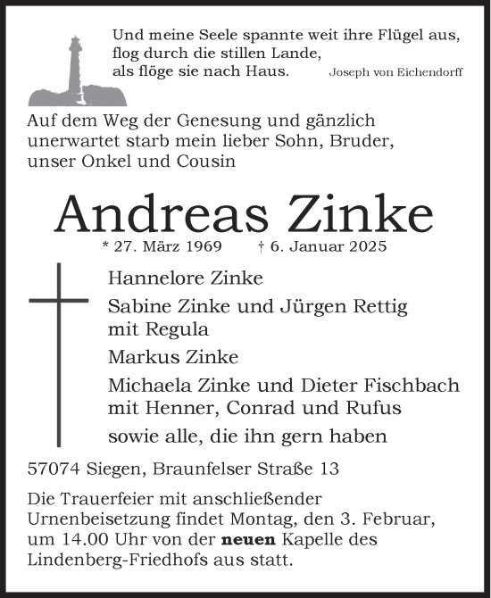 Traueranzeige von Andreas Zinke von Siegener Zeitung