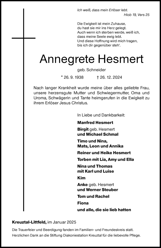 Traueranzeige von Annegrete Hesmert von Siegener Zeitung