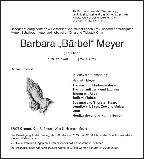 Traueranzeige von Barbara Meyer von Siegener Zeitung