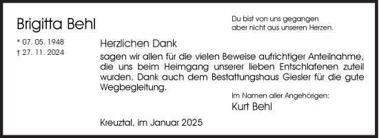 Traueranzeige von Brigitta Behl von Siegener Zeitung