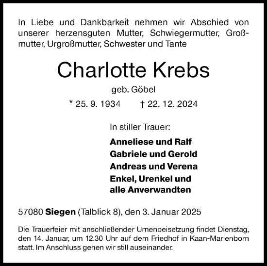 Traueranzeige von Charlotte Krebs von Siegener Zeitung