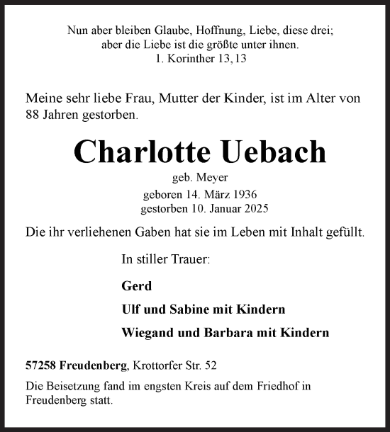 Traueranzeige von Charlotte Uebach von Siegener Zeitung