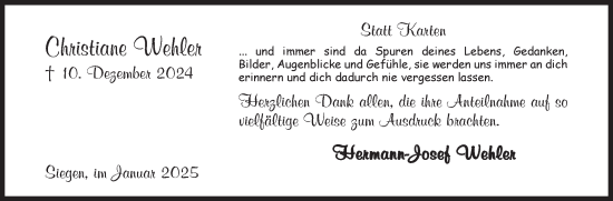 Traueranzeige von Christiane Wehler von Siegener Zeitung