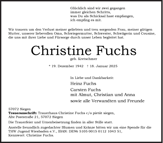 Traueranzeige von Christine Fuchs von Siegener Zeitung