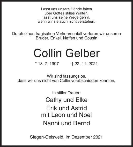 Traueranzeige von Collin Gelber von Siegener Zeitung