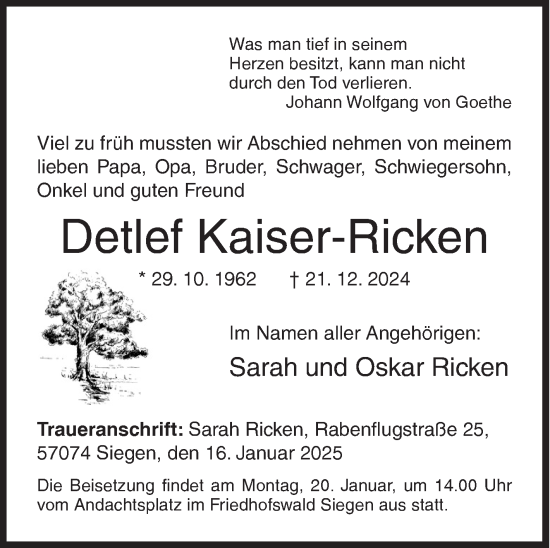 Traueranzeige von Detlef Kaiser-Ricken von Siegener Zeitung