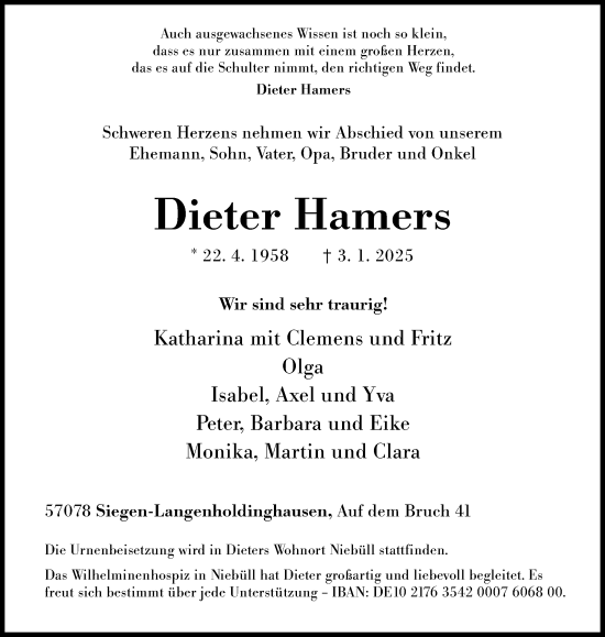 Traueranzeige von Dieter Hamers von Siegener Zeitung