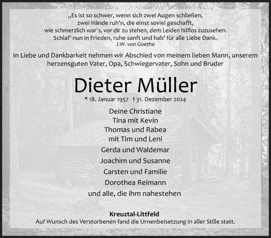Traueranzeige von Dieter Müller von Siegener Zeitung