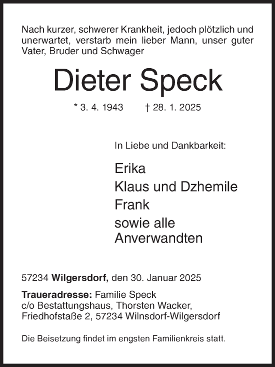 Traueranzeige von Dieter Speck von Siegener Zeitung