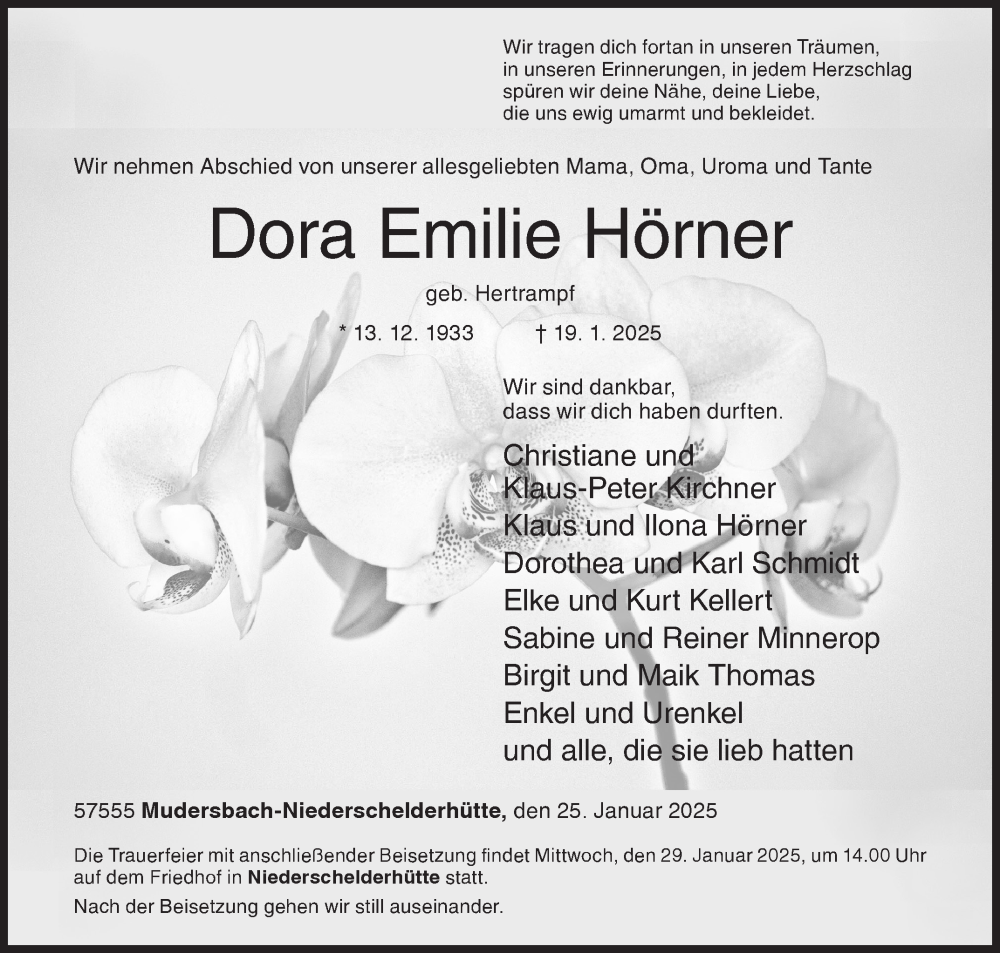  Traueranzeige für Dora Emilie Hörner vom 25.01.2025 aus Siegener Zeitung