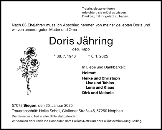 Traueranzeige von Doris Jähring von Siegener Zeitung