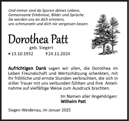 Traueranzeige von Dorothea Patt von Siegener Zeitung