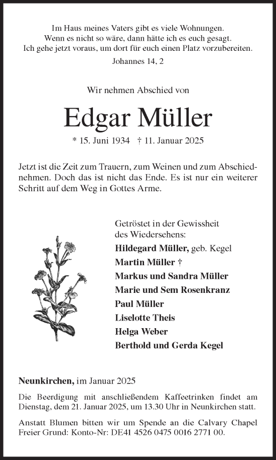Traueranzeige von Edgar Müller von Siegener Zeitung