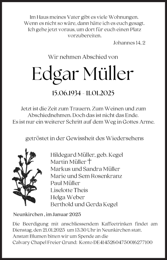 Traueranzeige von Edgar Müller von Siegener Zeitung