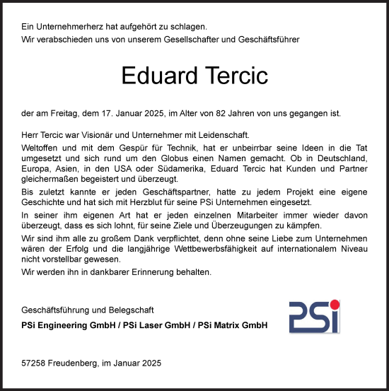 Traueranzeige von Eduard Tercic von Siegener Zeitung