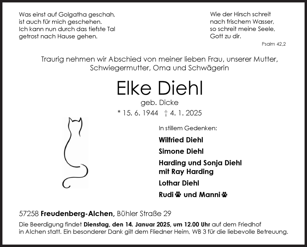  Traueranzeige für Elke Diehl vom 08.01.2025 aus Siegener Zeitung