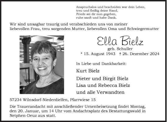 Traueranzeige von Ella Bielz von Siegener Zeitung