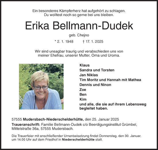 Traueranzeige von Erika Bellmann-Dudek von Siegener Zeitung