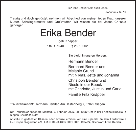 Traueranzeige von Erika Bender von Siegener Zeitung