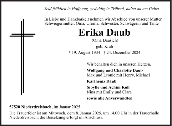 Traueranzeige von Erika Daub von Siegener Zeitung