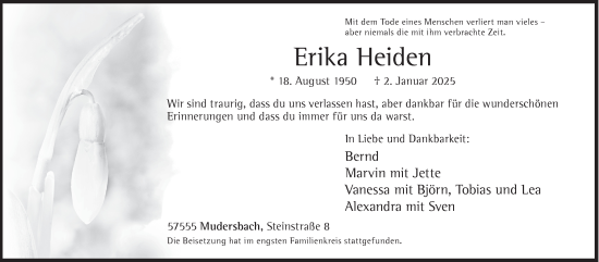 Traueranzeige von Erika Heiden von Siegener Zeitung
