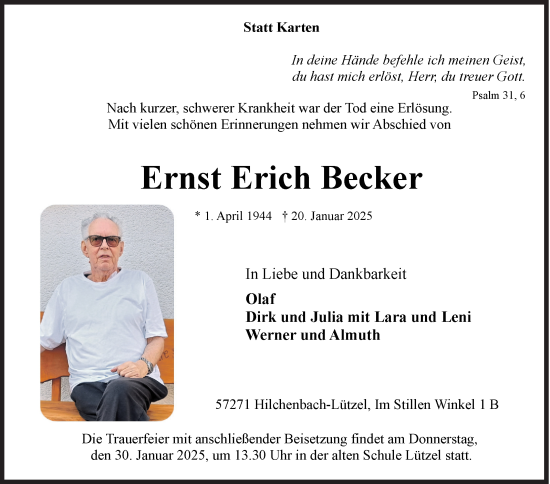 Traueranzeige von Ernst Erich Becker von Siegener Zeitung