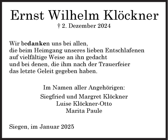 Traueranzeige von Ernst Wilhelm Klöckner von Siegener Zeitung