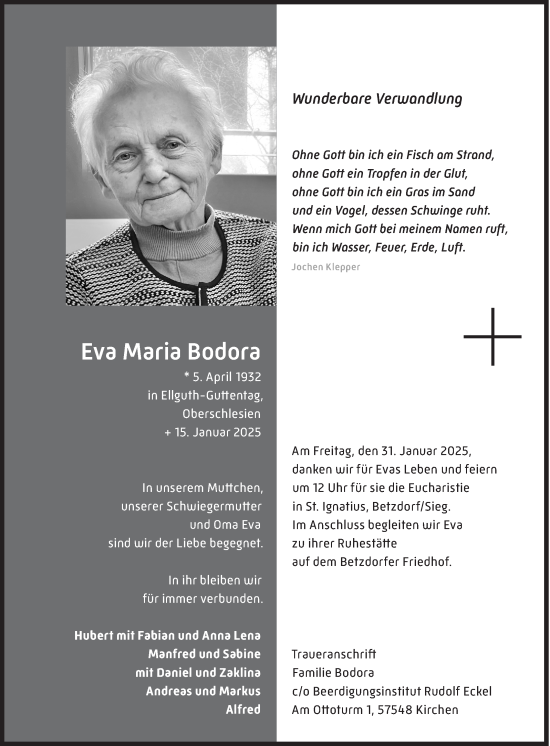 Traueranzeige von Eva Maria Bodora von Siegener Zeitung