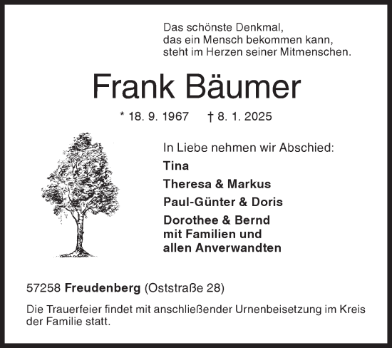 Traueranzeige von Frank Bäumer von Siegener Zeitung