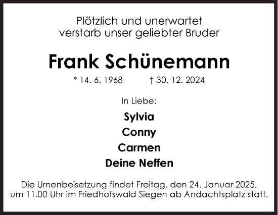 Traueranzeige von Frank Schünemann von Siegener Zeitung