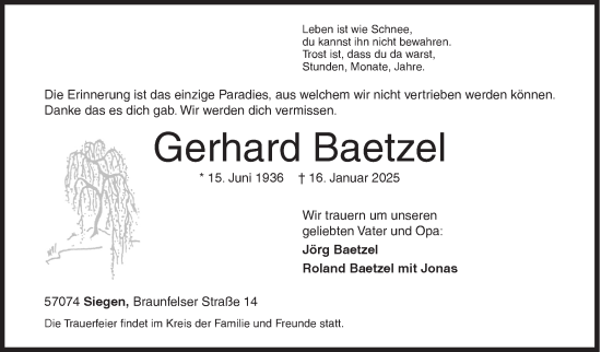 Traueranzeige von Gerhard Baetzel von Siegener Zeitung